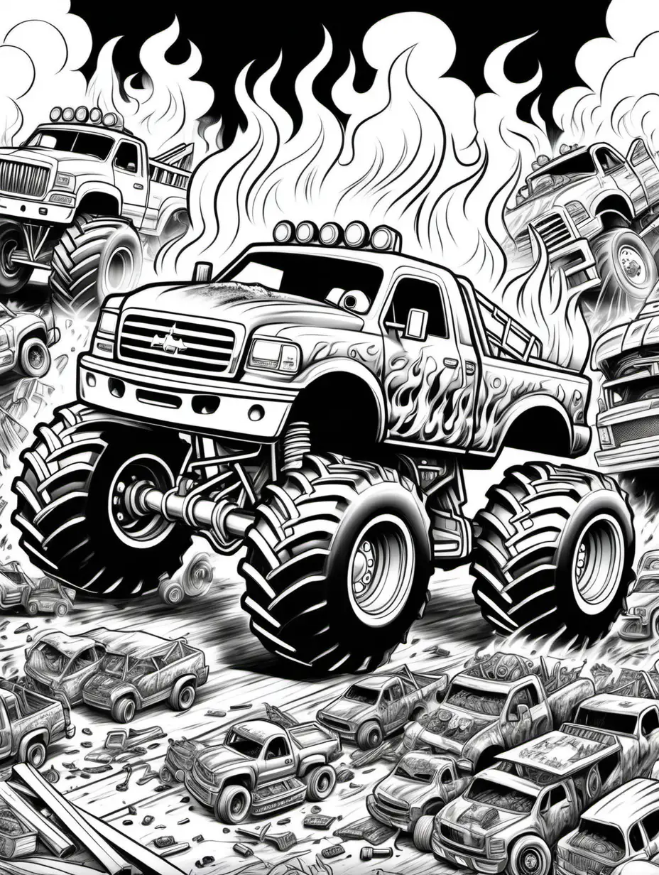 coloring pages for kids, 2 large monster truck with painted flames crushing lots of junk cars fire in background, cartoon style, thick lines, low detail, black and white, no shading --ar 85:110