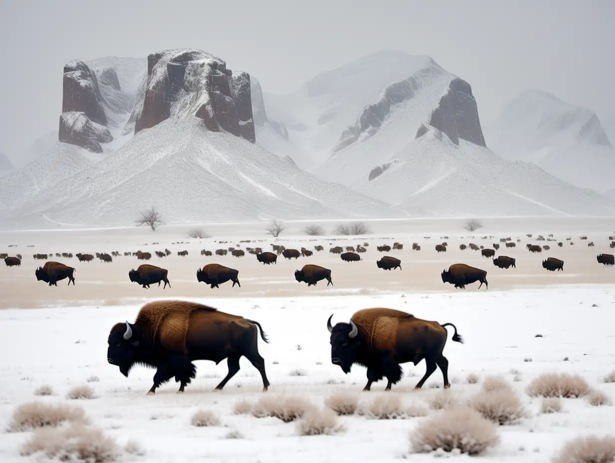 indians hunting buffalos on the texas plains in winter surrounded by snow covered mountains ina bad snow storm