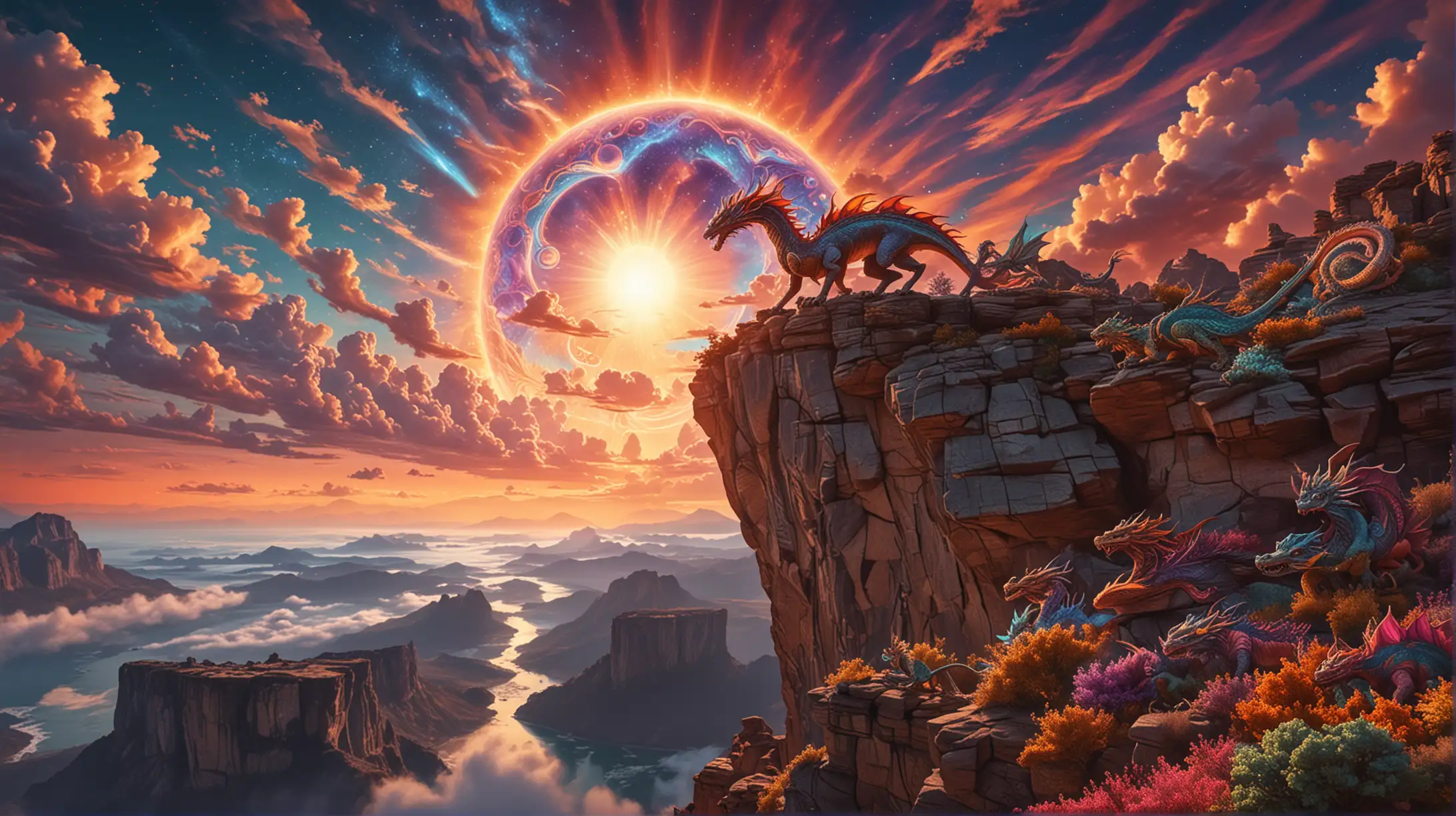 Psychedelic DMT visual on top of a scenic cliff on the edge of the universe at sunset with both the sun and moon visible. The clouds are shaped like dragons