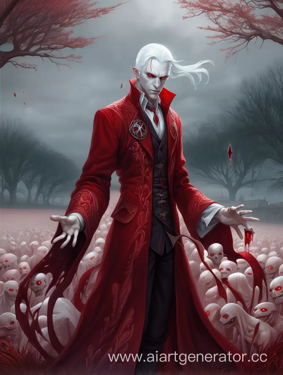 fantasy, a man in red clothes, with red eyes and white hair, magical red blood in his left hand, pale man, the blood magician, there is a field in the district, stands quietly

