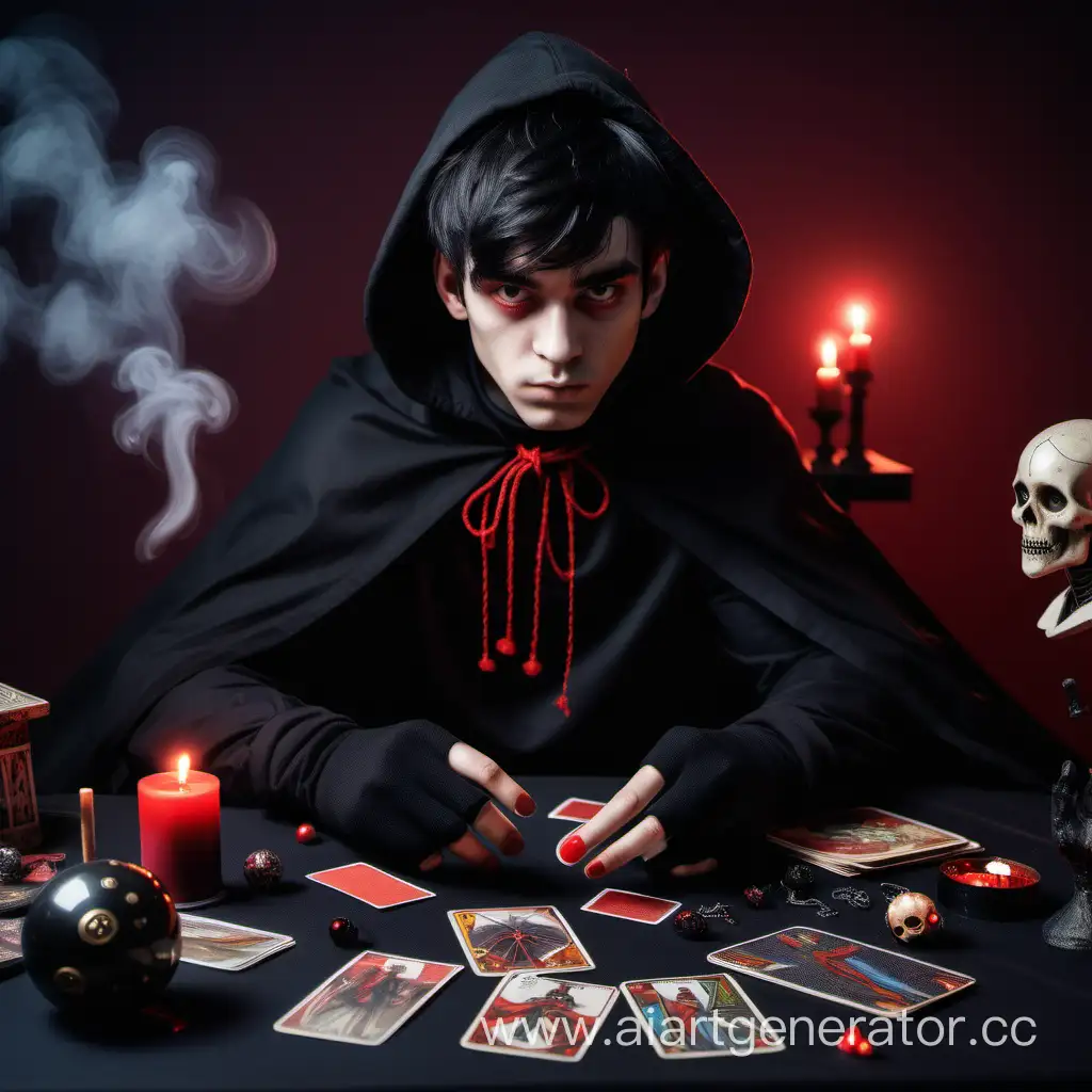 Парень 22 года, короткие чёрные волосы, кровь из носа, чёрная накидка с плащом, чёрные митенки, на столе карты таро, магический шар, вокруг красный дым, кукла вуду с иглами