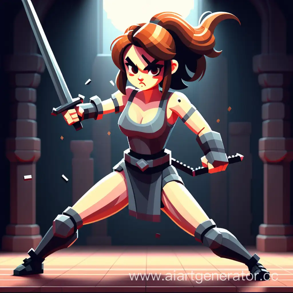 fit girl sword fighting, pixel art