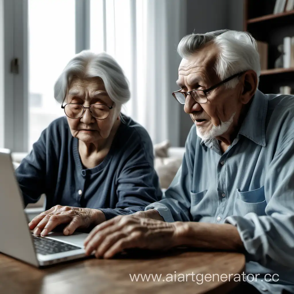 старик и старушка сидят дома перед монитором ноутбука и читают,
