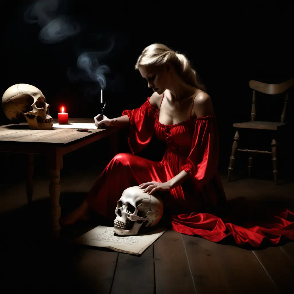 Caravaggio style Chiaroscuro with a beautiful blonde woman wearing a red nightgown sitting at a wooden table writing with a human skull on the ground all set to a dark ethereal background