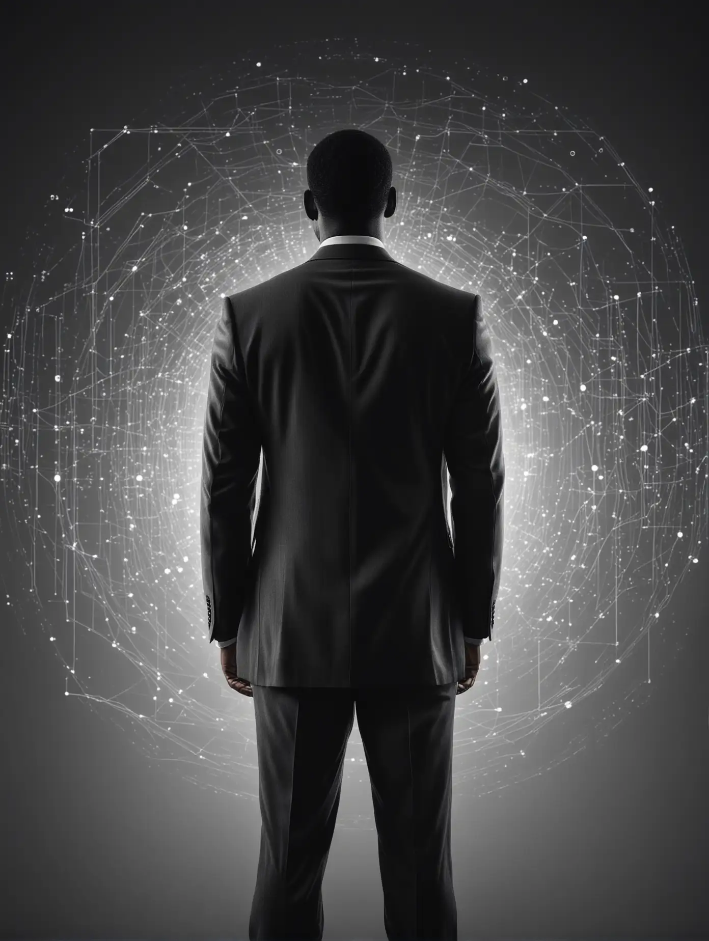 A minimal solid silhouette of a black man, facing the back on the image, 40 years old, professional,wearing a suit, surrounded by a background of AI electronic elements, abstract, greyscale