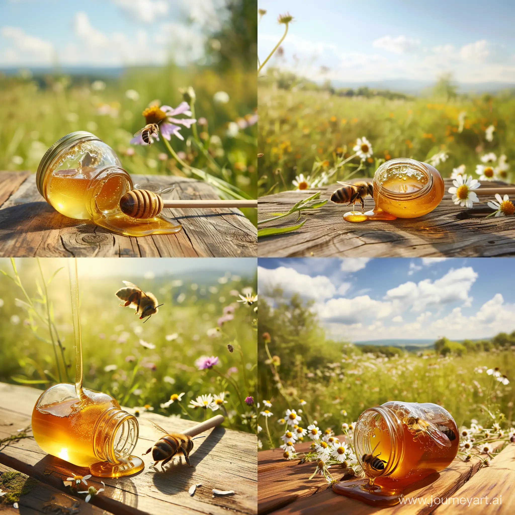 Umgefallenes Honigglas steht auf einem Holztisch im Freien. Eine Honigbiene sammelt den Honig vom Tisch. Der Tisch steht auf einer Wiese mit blühenden Wildblumen.