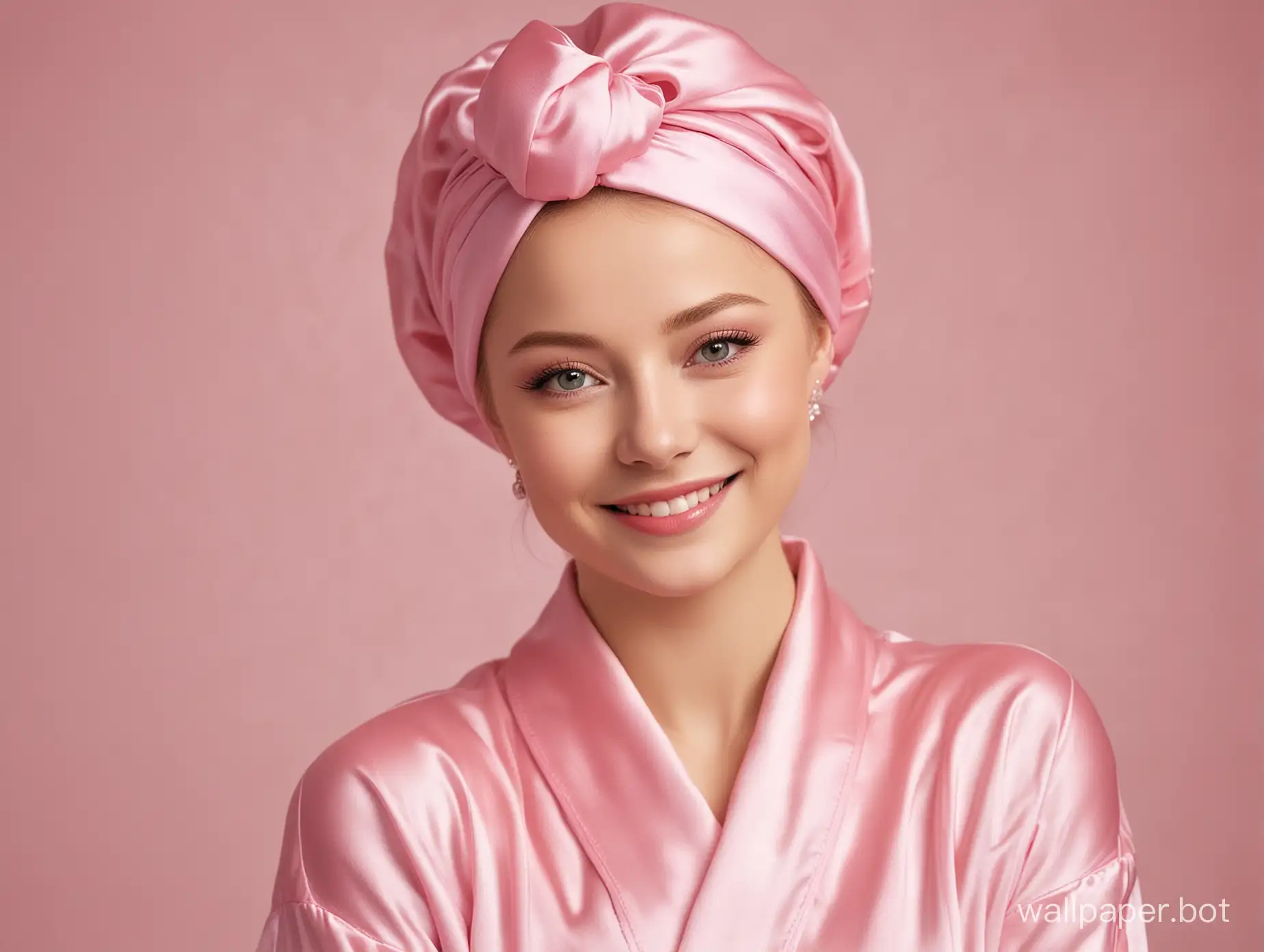 Glamorous-Portrait-of-Young-Queen-Yulia-Lipnitskaya-Smiling-in-Luxurious-Pink-Silk-Robe-and-Turban