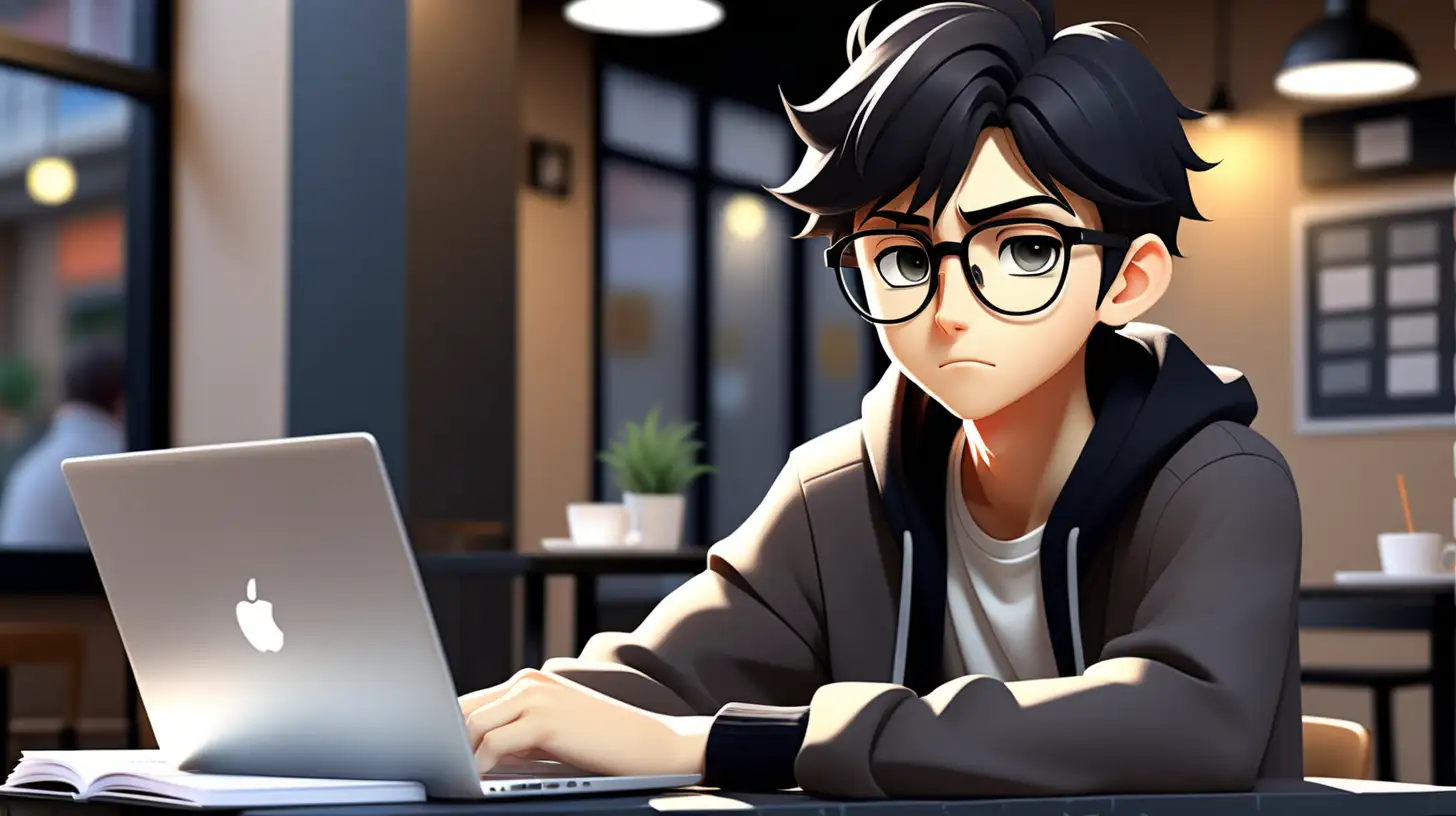 Stylish Anime Student Immersed in Laptop Studies at Cozy Cafe