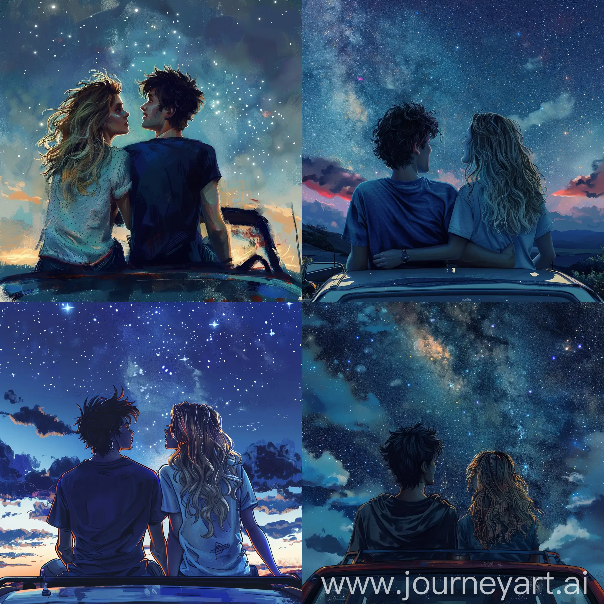 парень с тёмными волосами ,девушка с волнистыми светлыми волосами, смотрят на звезды ,сидя на машине ,и планируют будущее