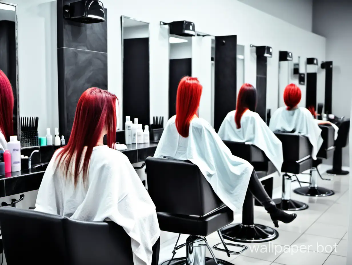Women in a hairdressing salon, hair coloring, washing, cutting, drying.