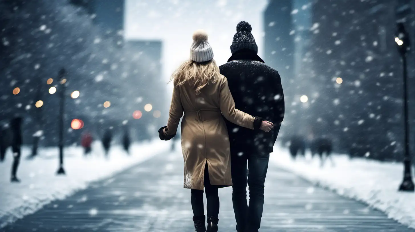 Couple in Winter Wonderland Romantic Stroll on Icy City Streets