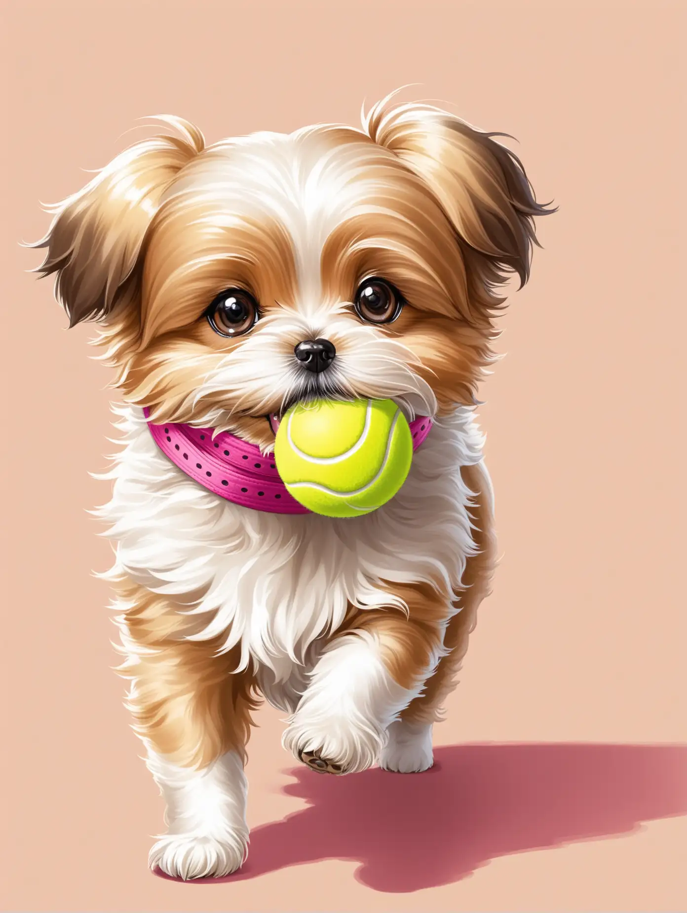 A cream colored shorkie carrying a pink tennis ball in its mouth outside