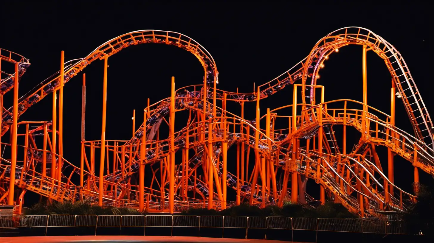orange roller coaster attraction at amusement park at night 