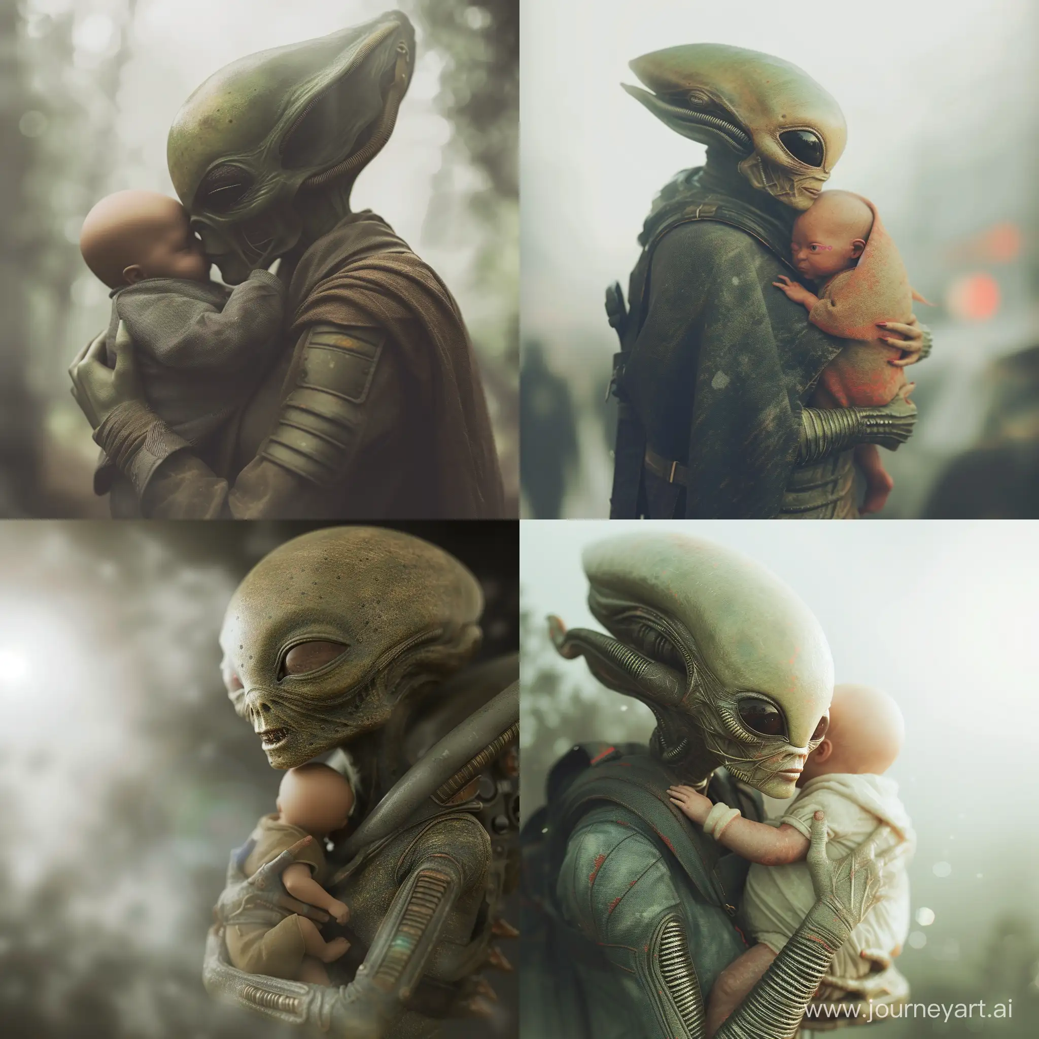 close up realistic portrait of alien carrying a human baby with love  with fog deph of field hyper realistic