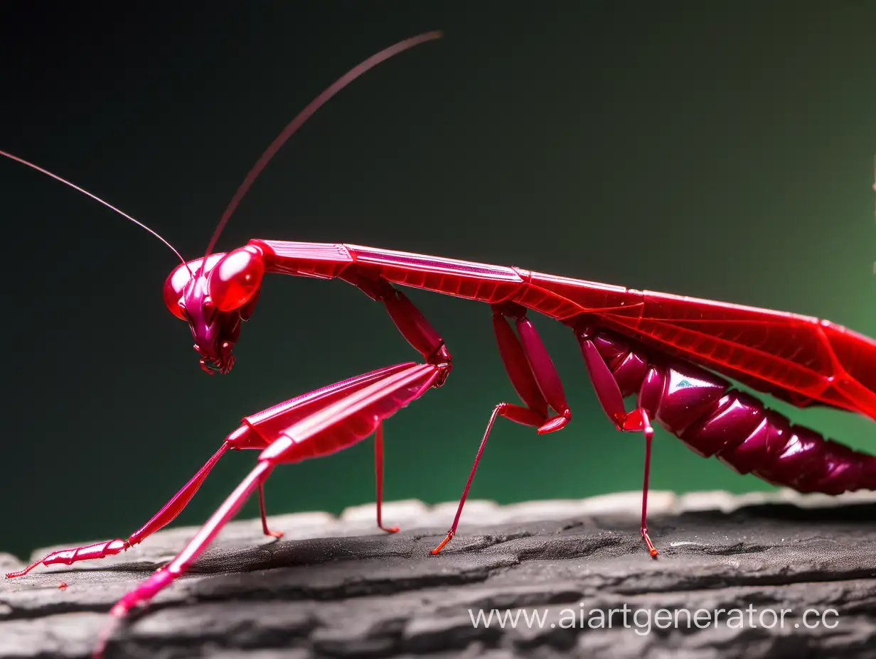 Vibrant-Ruby-Mantis-on-Lush-Green-Leaves-Striking-Insect-Photography