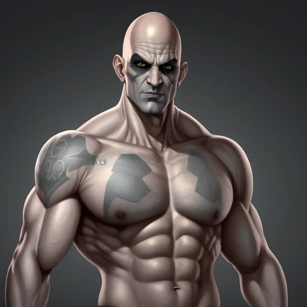 adult half giant male, bald head, grey skin, very strong body, black eyes, sharp face. he is 2,5 meters tall
