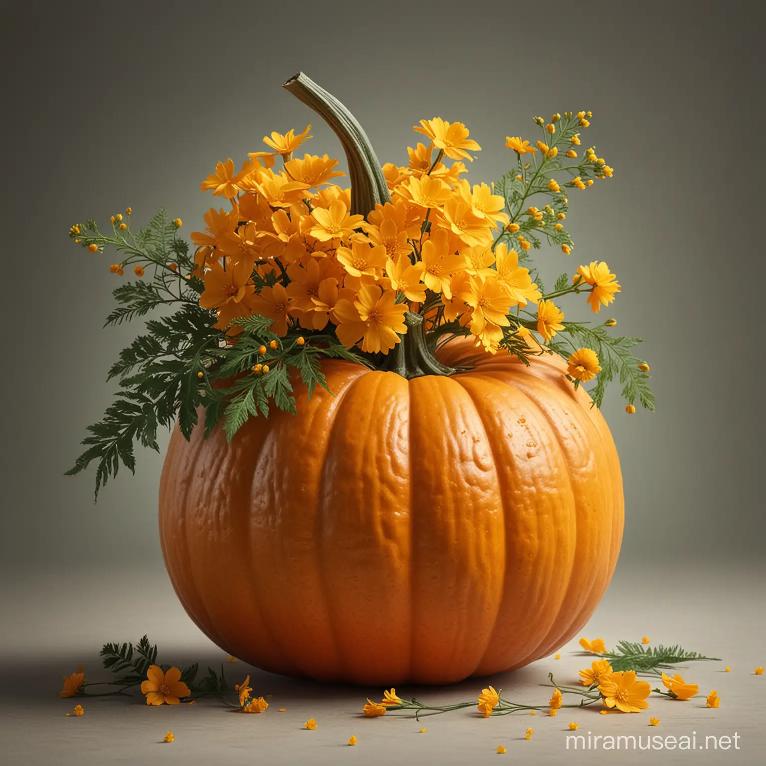 create a realistic image of a pumpkin with mimosa flowers