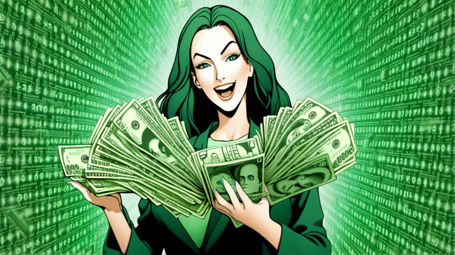 use a green matrix as a large background, a ecstatic women holding large stack of US dollar money coming out of matrix