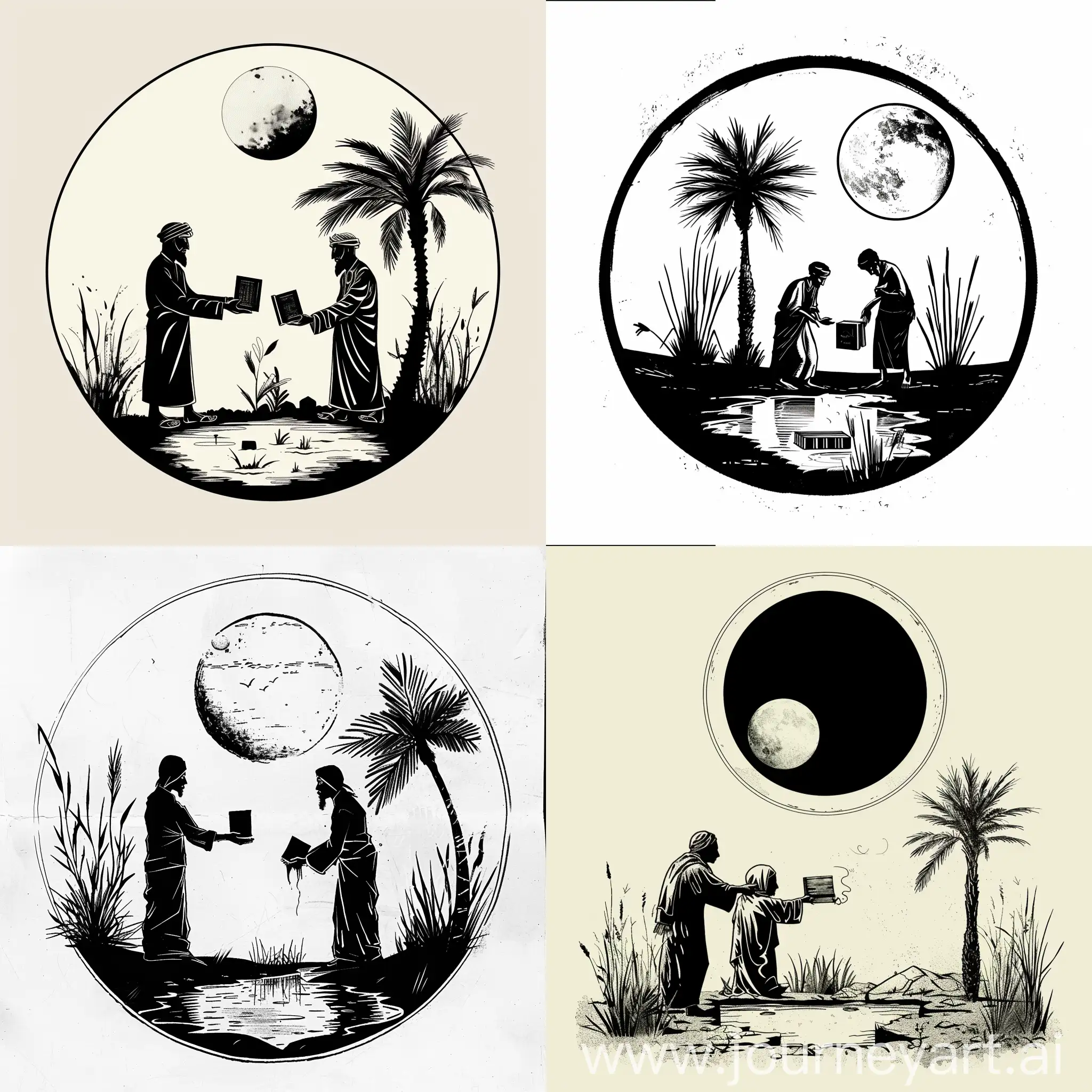 draw a simple logo of two Bedouins exchanging books in a oasis with one palm tree, some little grass, an ink lake near and a big moon behind

make the two men, the palm tree and the ground black

make the background full white and only color the moon

put everything in circle

make it a little more realistic and polish it
