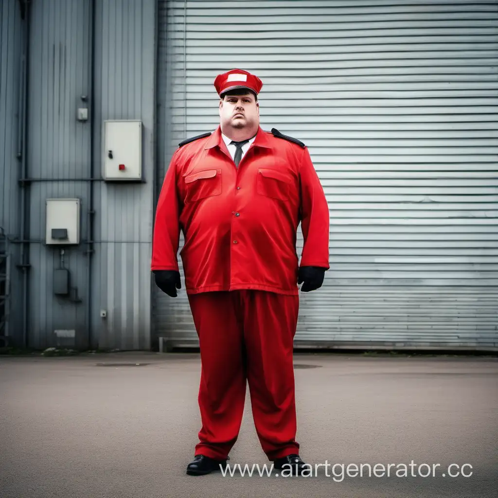Rotund-Security-Guard-in-Red-Observing-Factory-Premises
