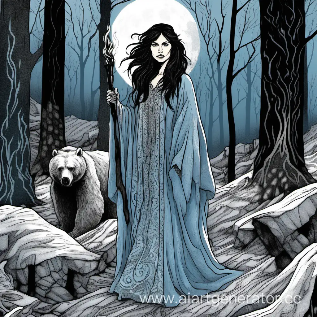 The woman was standing in the woods in the dead of night. She held a torch high above her head in her hand. A short mane of shaggy dark hair. A bear's shaggy fur coat. A caftan embroidered with silver. A pale, sharp face with icy blue eyes.