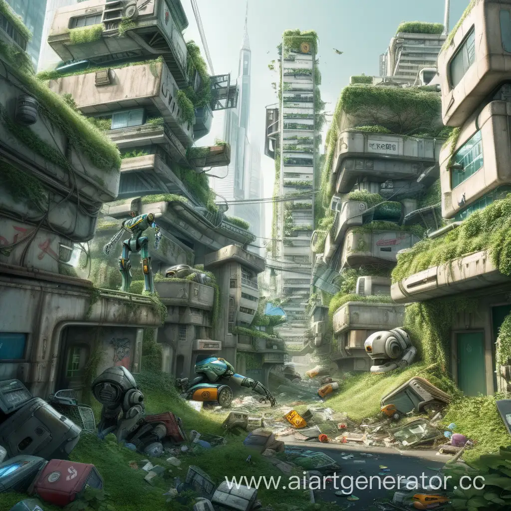 Заросший современный мегаполис, заваленный обломками роботов и мусором.