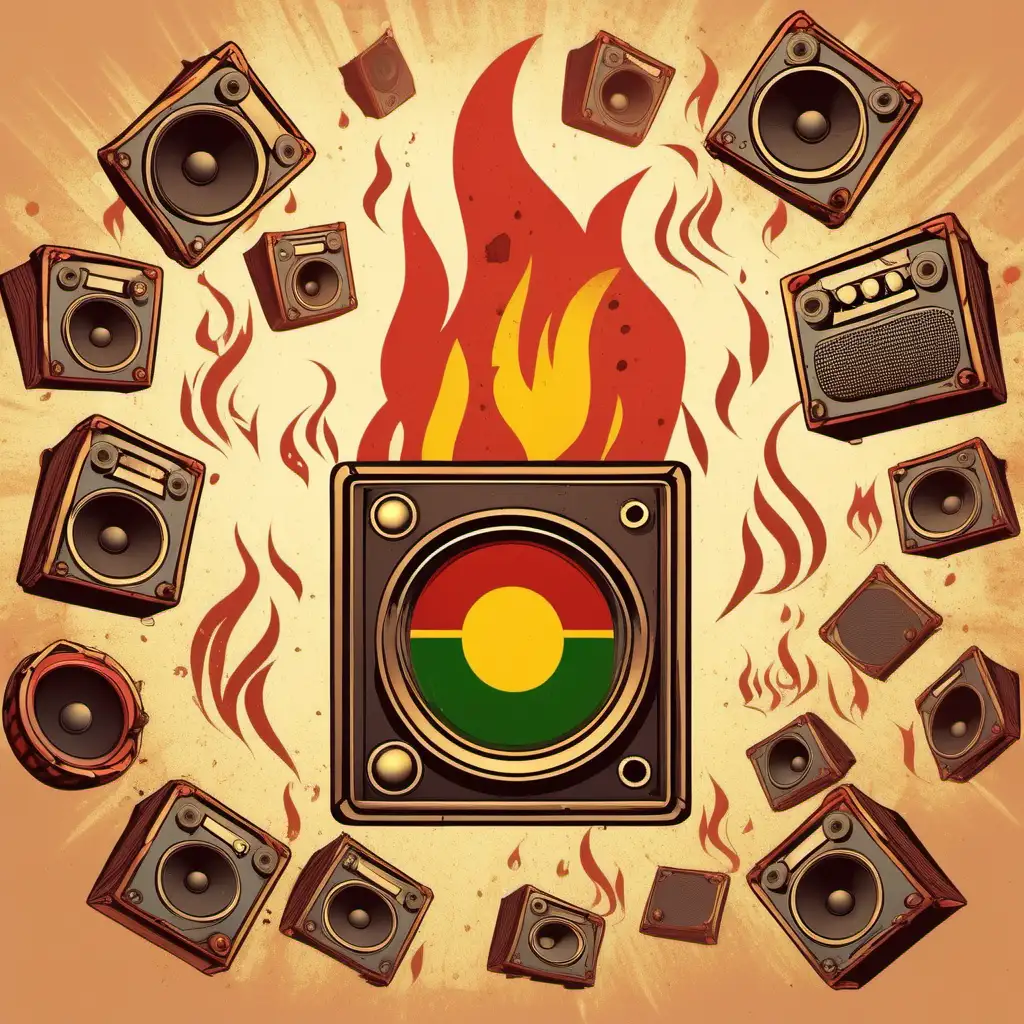 Dynamic Reggae Performance Speaker Blasting Notes Amid Smoky Campfire Setting