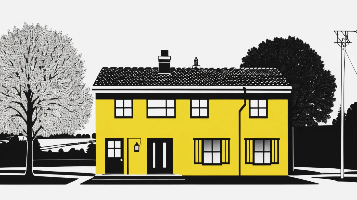 establishing shot of town house in the country halftone yellow black white 3 color minimal design