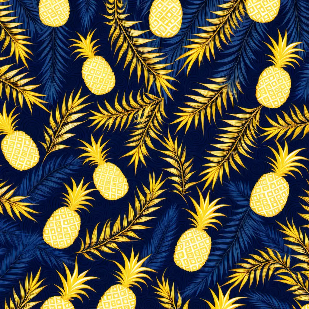 an abstract print with small yellow palm leaves and pineapples swirls with a dark blue background
