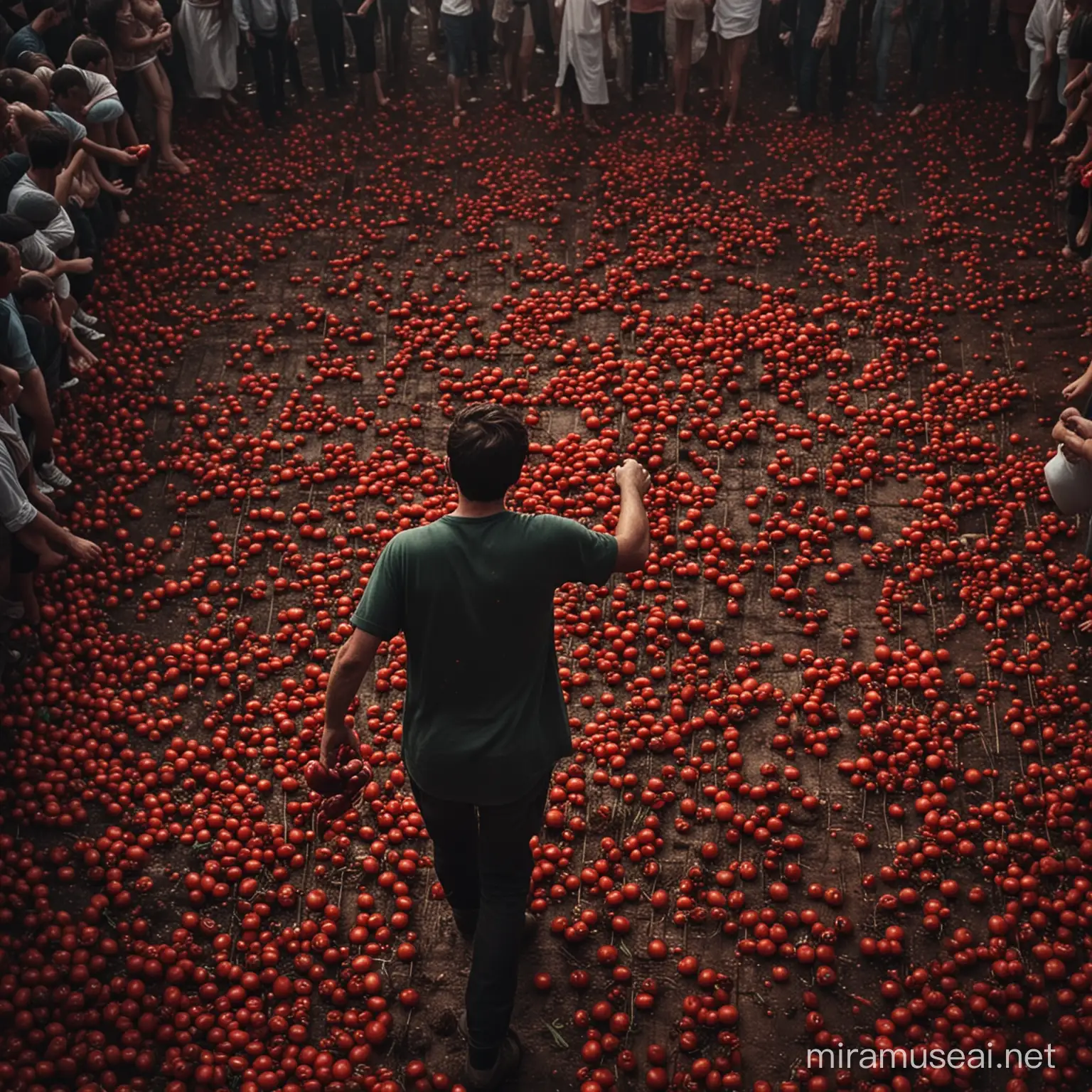 صورة سينمائية مظلمة غامضة جميلة عن مهرجان للطماطم في إسبانيا حيث اناس يرمون انفسهم بالطماطم