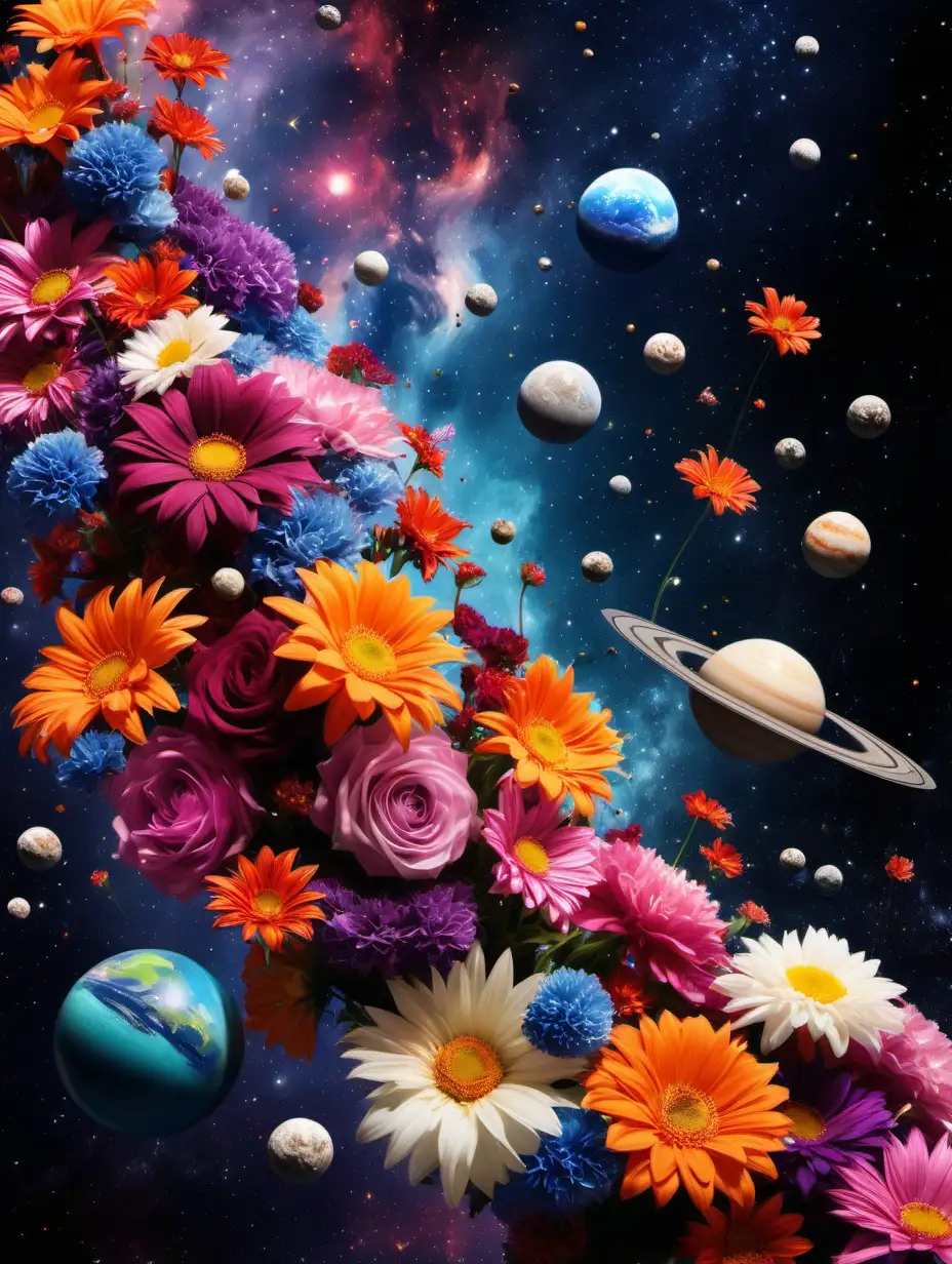 create an image of space, with a colorful background, and with flowers floating
