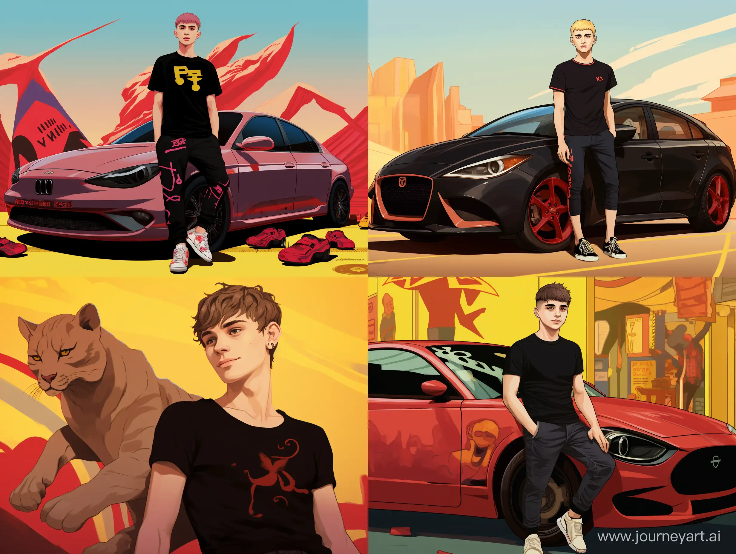 Photographic detail of a young man with a round face, short hair shaved neatly to the side, wearing a black t-shirt, long torn jeans, yellow shoes, standing posing in front of a yellow and black Jaguar F-Type car. On the shield and floating red and black ribbon is written "OYO POENK". the background is light 