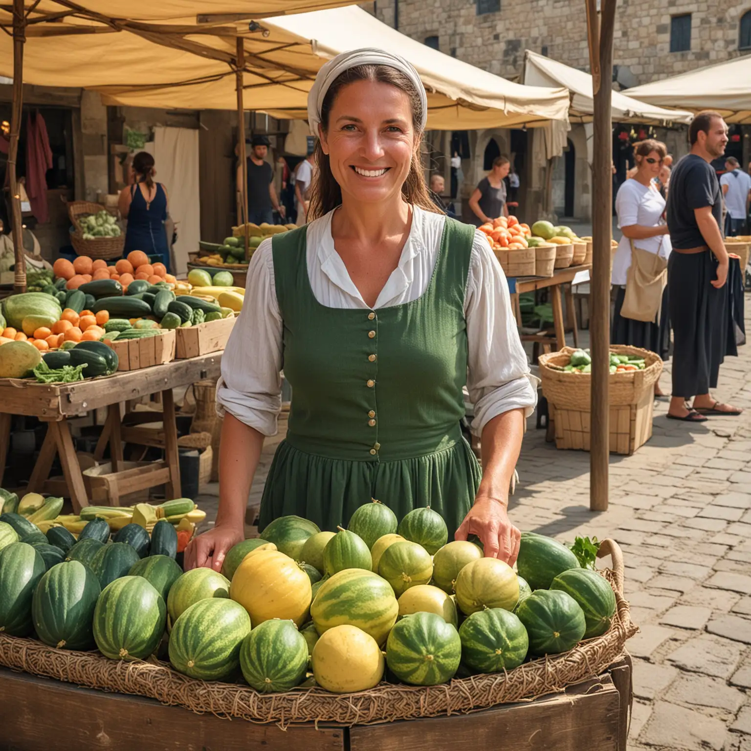 A kind  40 year old woman selling melons and cucumbers at the medieval market 