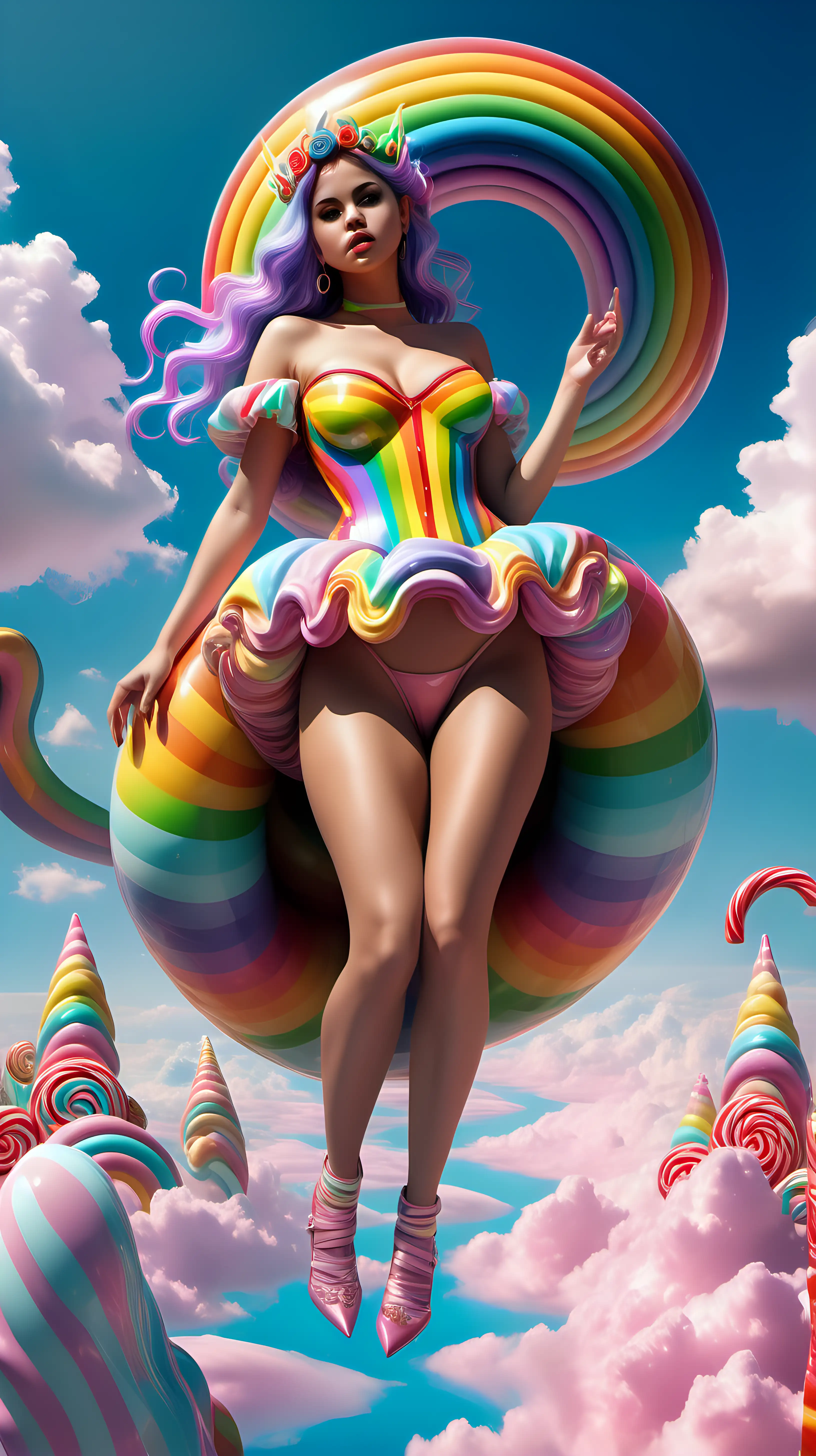 Beautiful voluptuous elf queen, looks like selena gomez, hyper realistic photography, hyper detailed, surrealism, rainbow candy land, full body shot, floating, bright blue sky background, candy clouds
