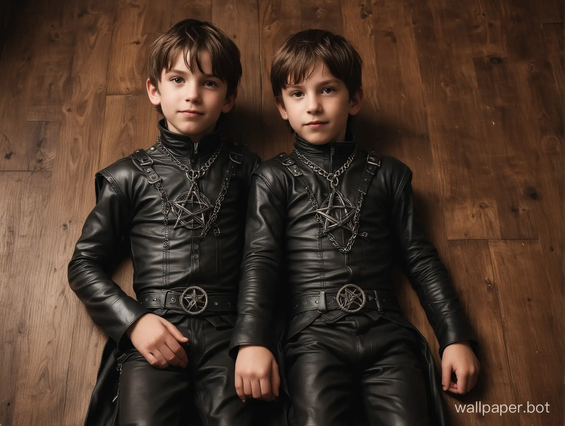 Two young boys, no older than ten, lying side by side on a cold, hardwood floor. Their wrists and ankles are securely bound with thick leather straps, leaving them completely helpless. The older boy, who appears to be their older friend, stands over them, a sinister smile playing on his lips. He is dressed head to toe in black leather, his muscles tense and defined beneath the supple material. His chest is adorned with a large pendant depicting a pentagram, a symbol of his twisted devotion to the dark arts.