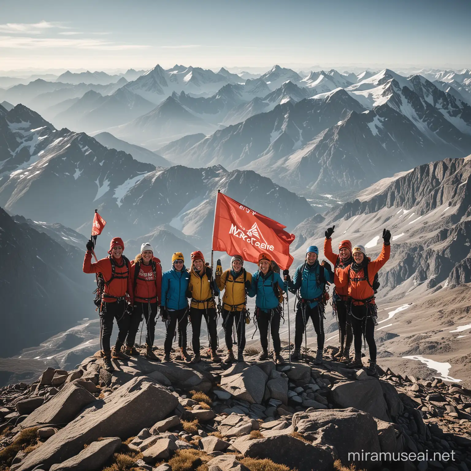 A team of climbers, 3 men and 3 women, huddled together, celebrating atop a summit, holding a flag on which we can read clearly "MXevolve SO"