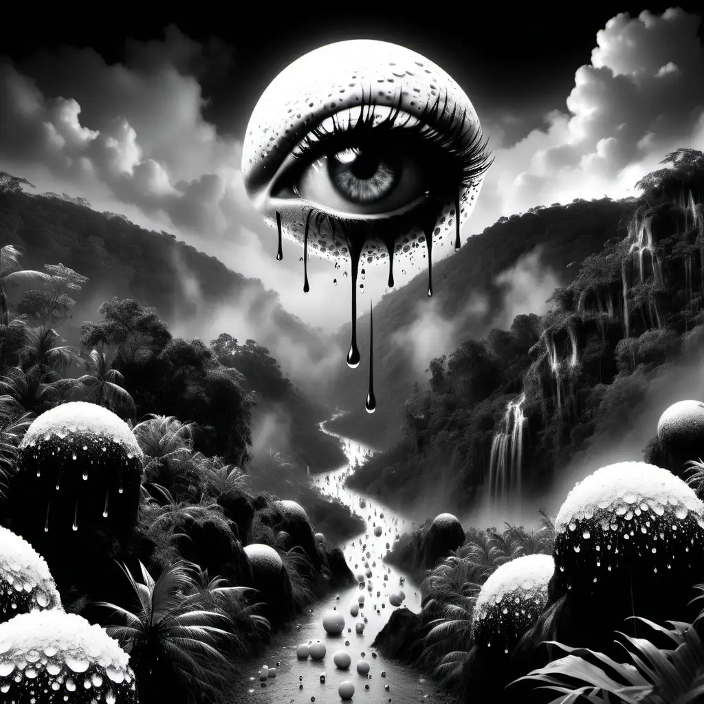 Eye in the sky, snowballs on a hill, clusters of rain drops, buffalo bill, paradise keys embedded in the jungle, supernatural energy that runneth amok, HD, high quality, black and white colors 
