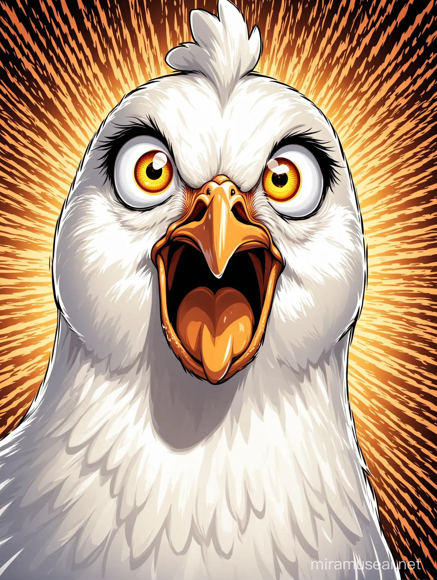 Make cartoon image of the head of a white chicken with crazy eyes