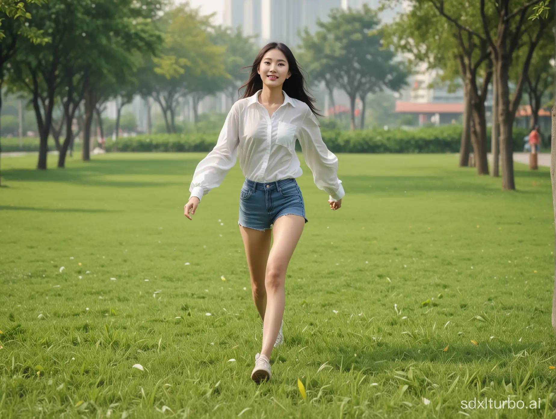 A beautiful Chinese female student runs on the grass, ultra high definition, 4k, long legs,