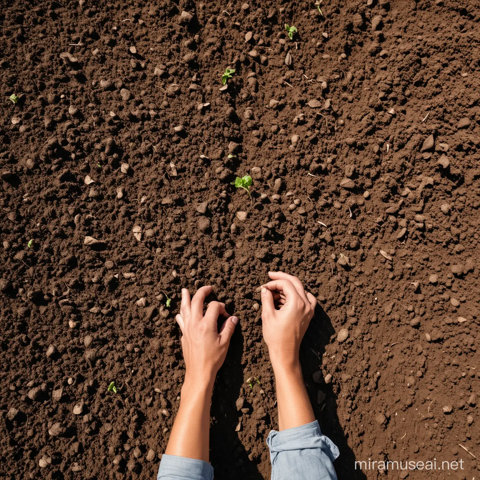 A picture of agricultural land with the hands of the farmer who plants 