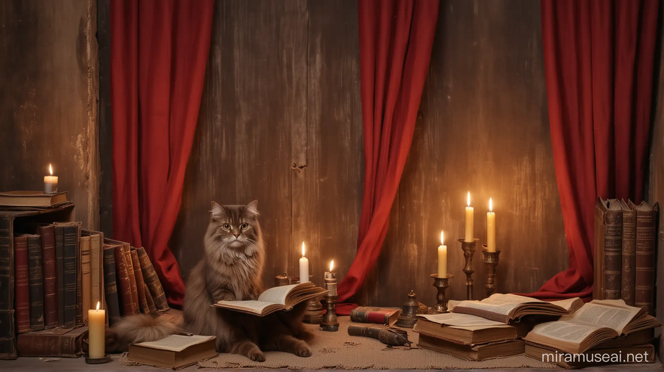 Brown persian female cat reading in and old decay room with red curtains and candles and old books