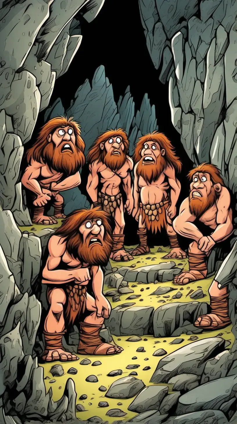 CARTOONY COLOR:  A Clan of cavemen standing  and looking at the opening  of the cave