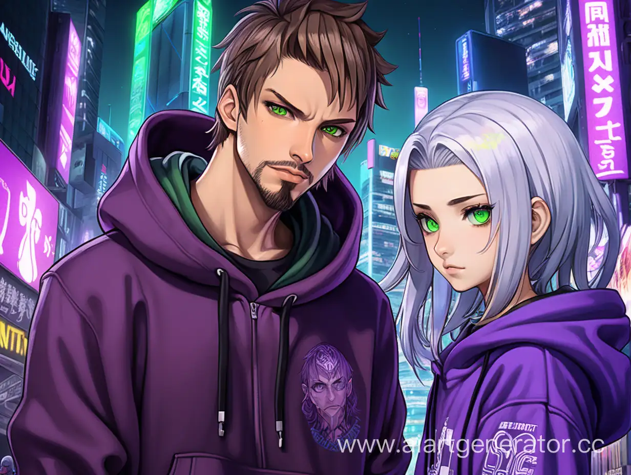Urban-Anime-Duo-Stylish-Cyberpunk-Couple-in-Purple-and-Black-Hoodies