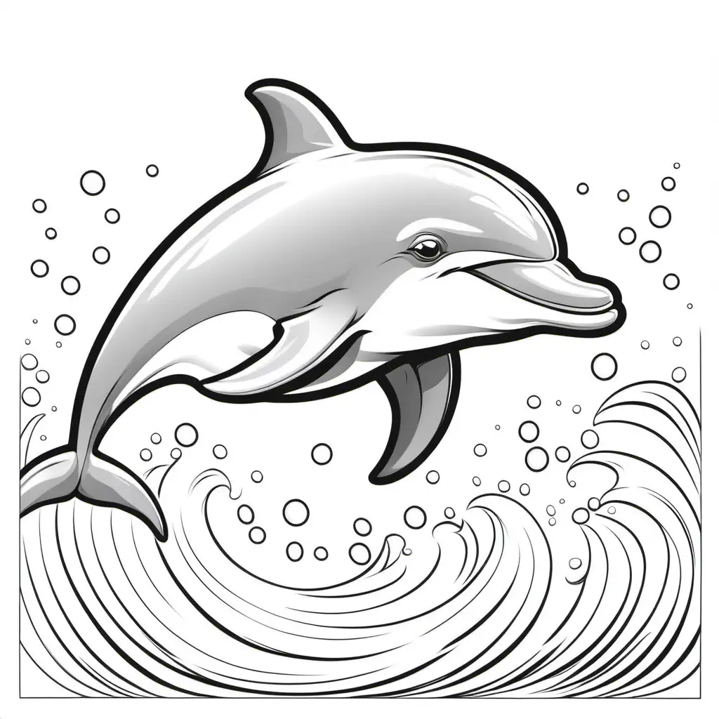 australian cartoon bottle nose dolphin image, childrens colouring book, stencil, no background, fine lines, black and white, friendly cartoon, lines only