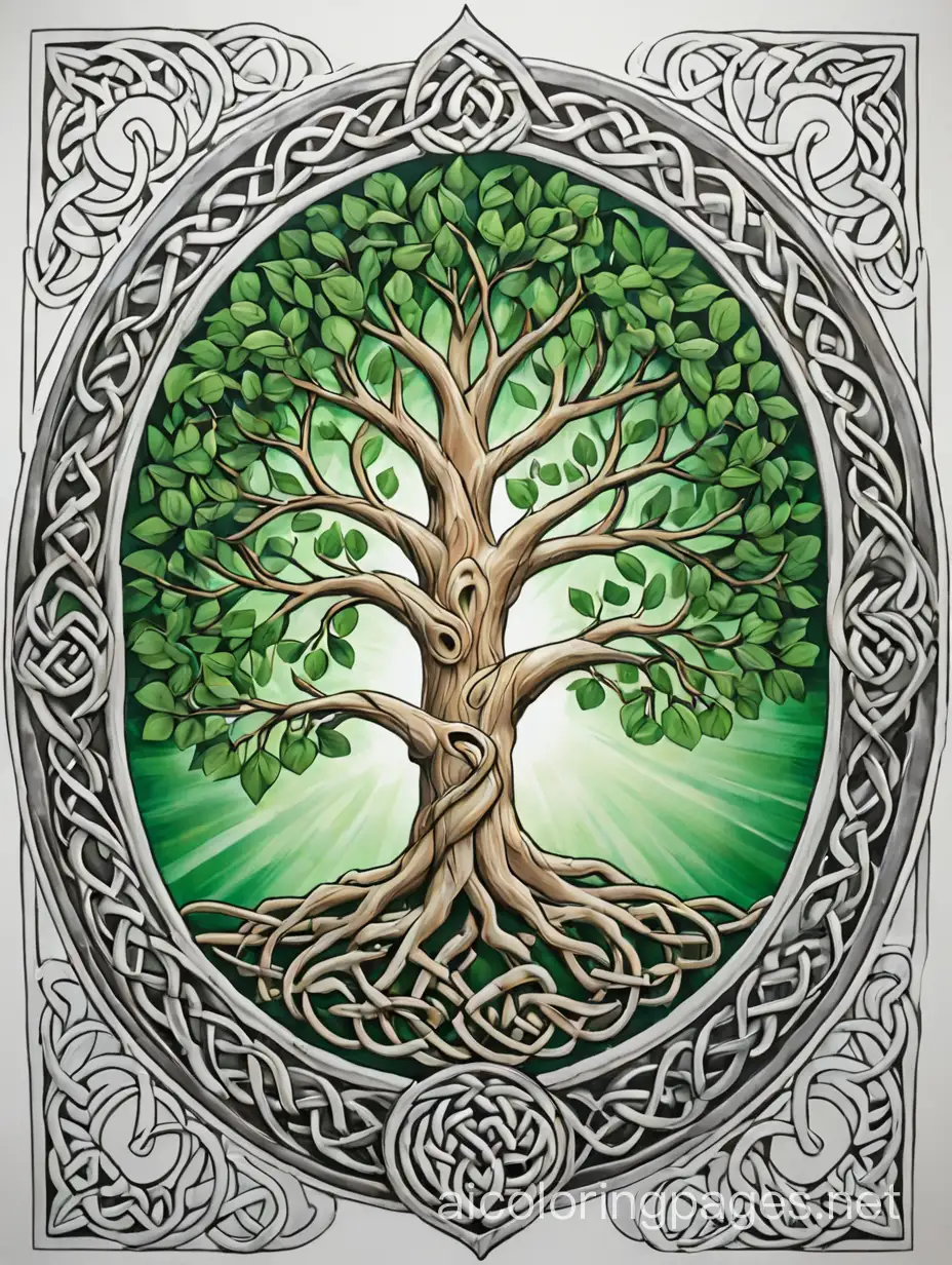 Celtic tree of life in the center big with green color an light in center like sun , Coloring Page, black and white, line art, white background, Simplicity, Ample White Space. The background of the coloring page is plain white to make it easy for young children to color within the lines. The outlines of all the subjects are easy to distinguish, making it simple for kids to color without too much difficulty