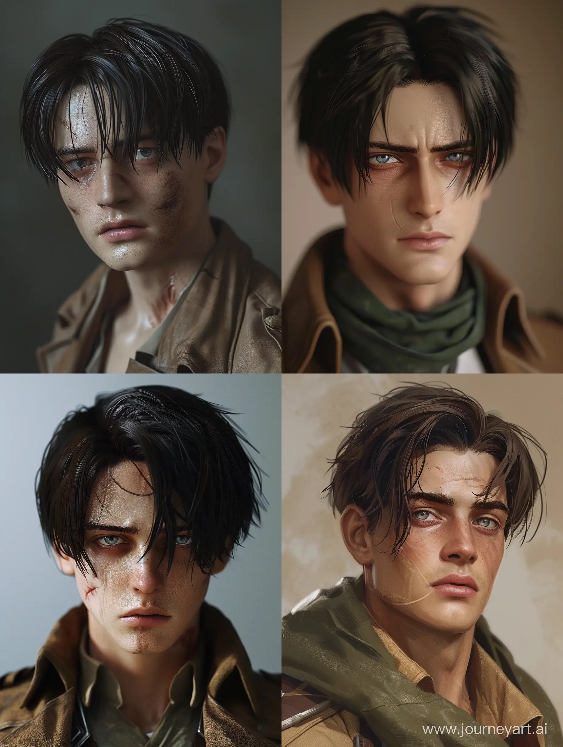 Realistic Levi Ackerman from Attack on Titan, in his 30s, with normal dark circles