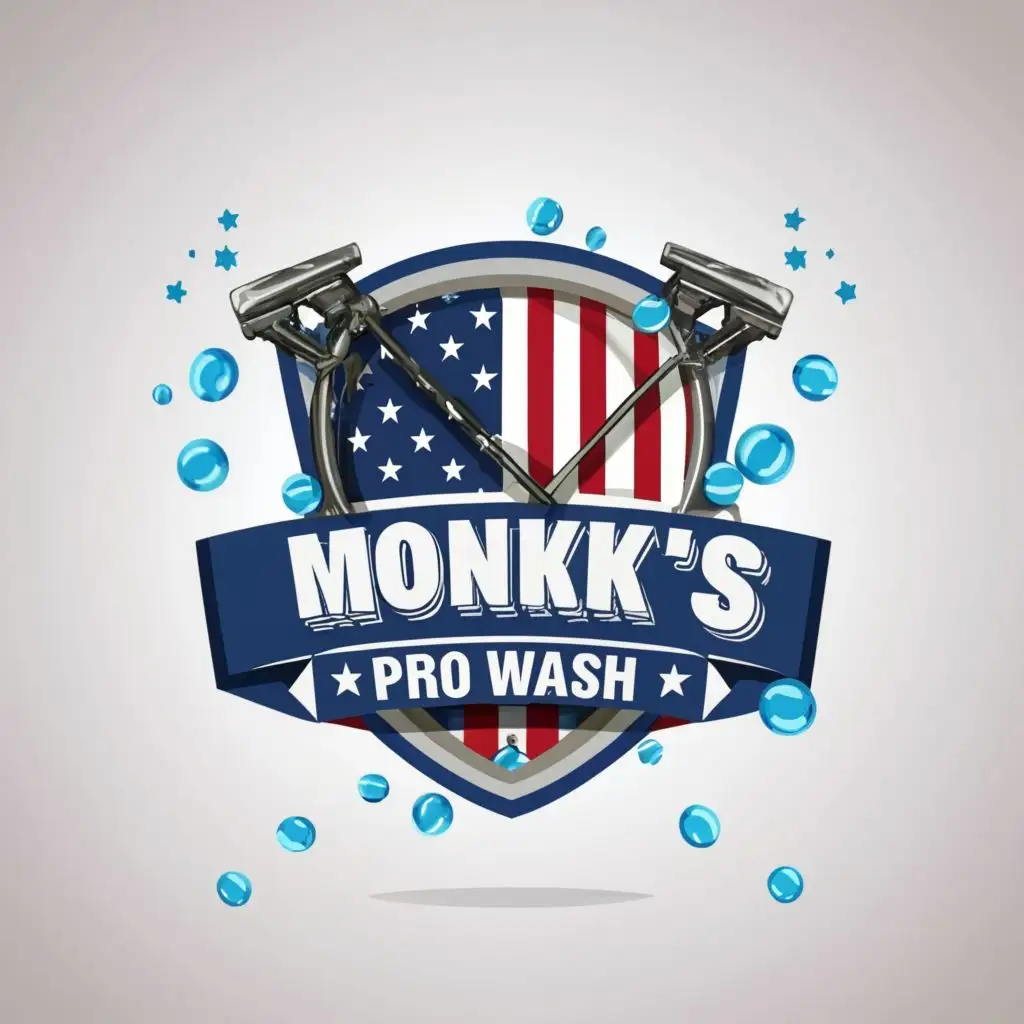 a logo design,with the text "Monk's Pro Wash", main symbol:American Flag badge,pressure washing,bubbles,Moderate,clear background