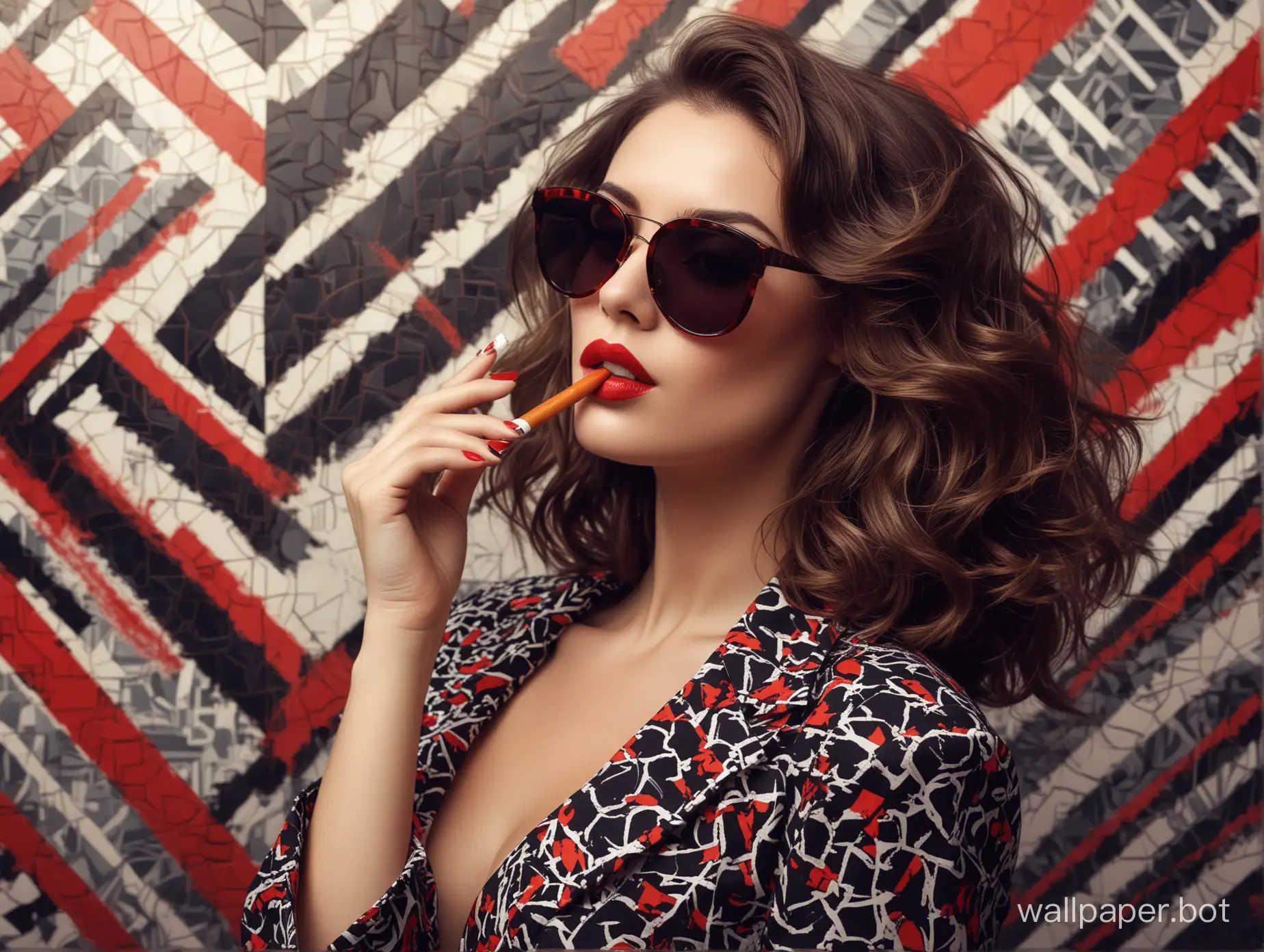 Chic-Brunette-Woman-with-Sunglasses-and-Cigarette-in-Abstract-Setting
