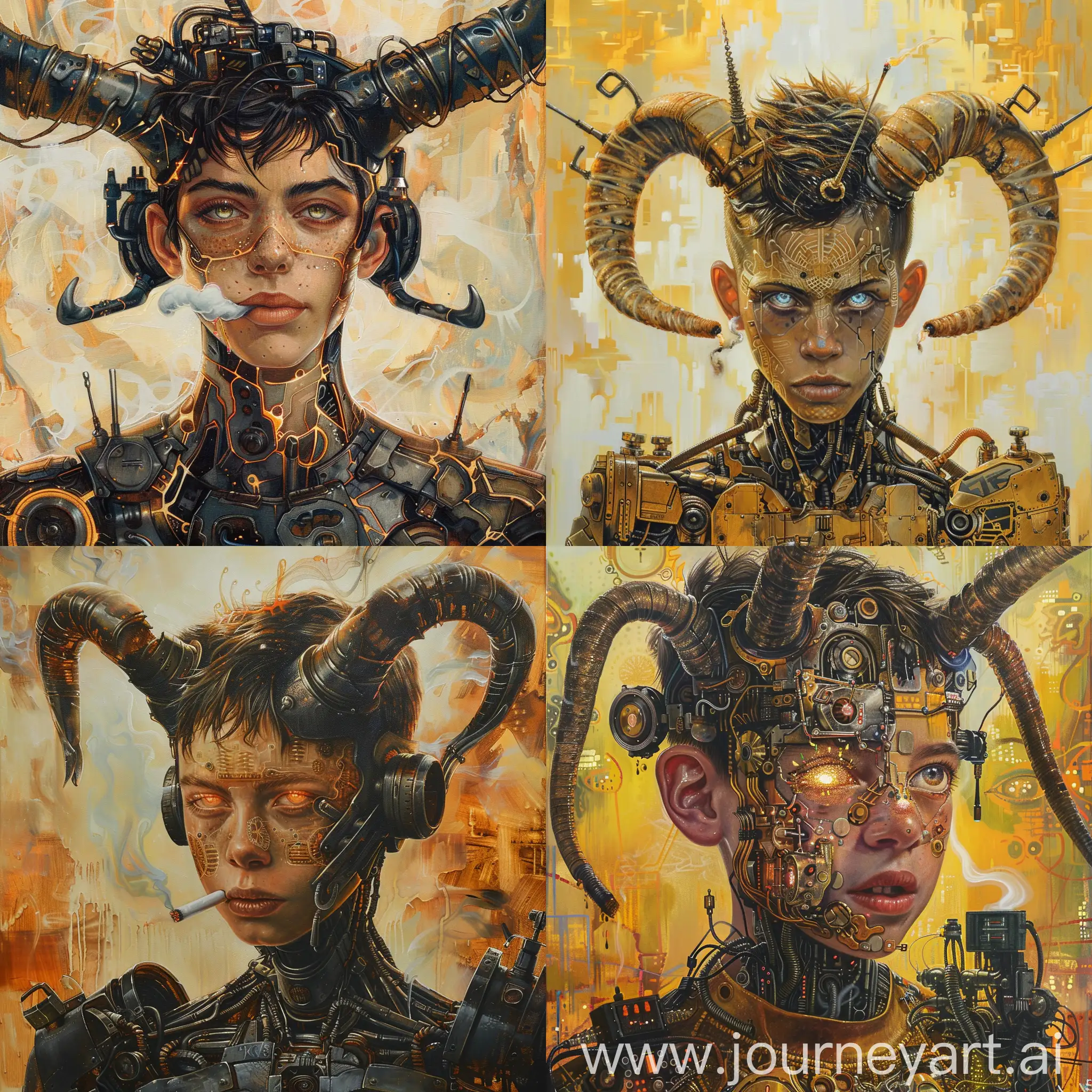as an oil painting, style of gustav klimt, full body, young male android fighter, two horns, intense detailed energetic smoking eyes, detailed young face, mechanic body parts, epic, beautiful cinematic bright background

