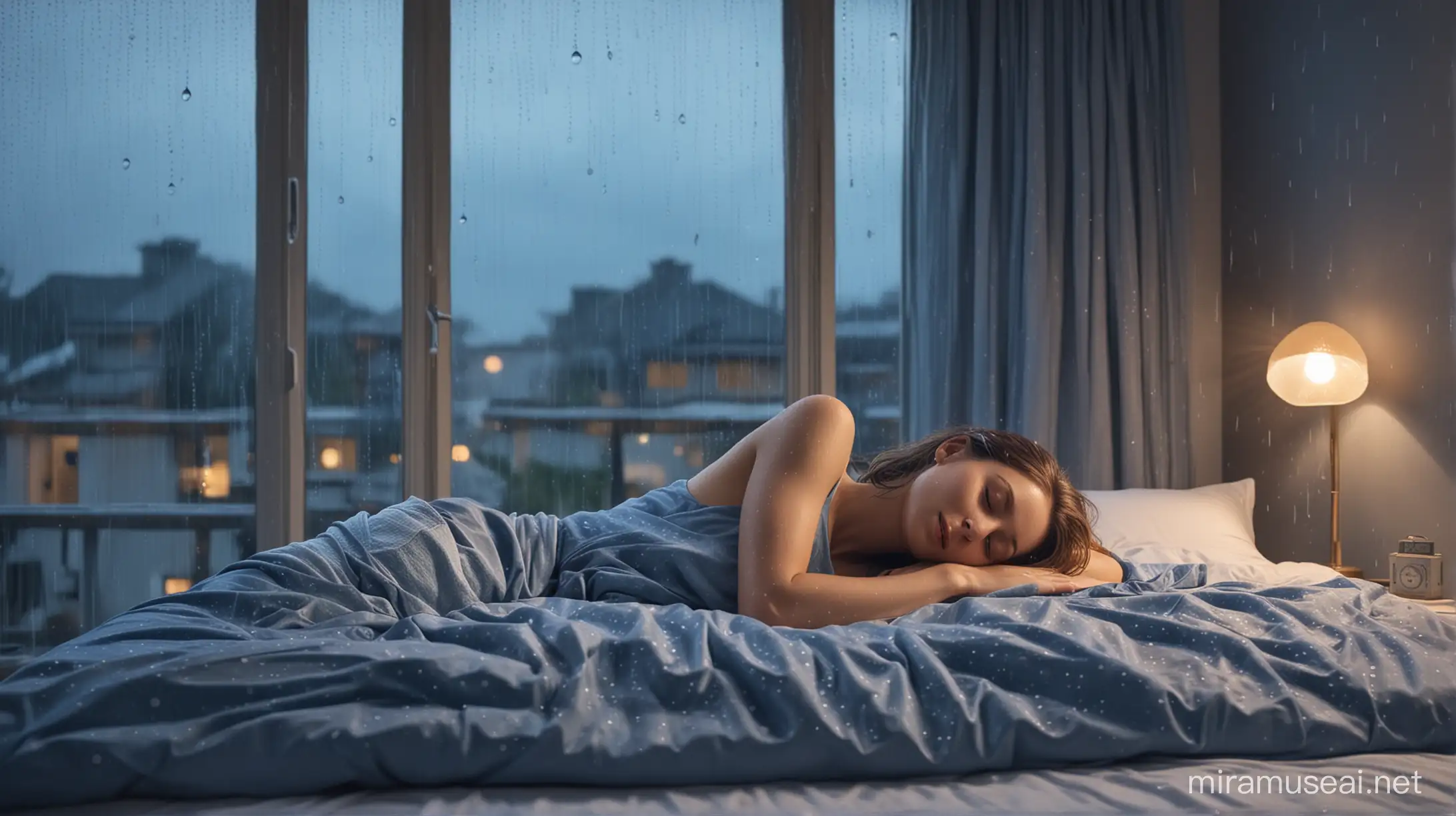 wanita cantik tertidur di  atas kasur dekat jendela rumah hujan rintik di luar rumah dengan Palet warna ruangan terdiri dari warna kebiruan dan hangat serta dingin diluar, dengan pencahayaan lembut dari berbagai lampu menambah suasana nyaman